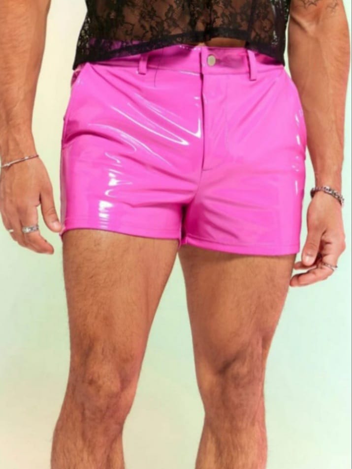 Men's Solid PU Leather Pink Shorts